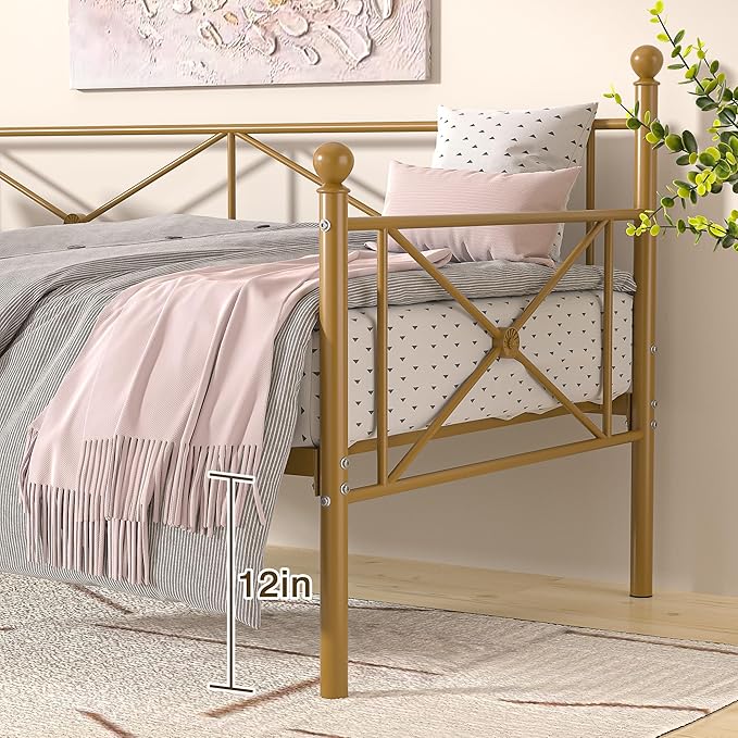 VECELO Daybed Twin Size, Day Bed Frame with Headboard, Heavy-Duty Metal Slats Support Platform for Living Room, Guest Room, Easy Assembly, Gold