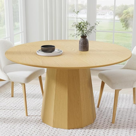 Casaphoria 52" Round Dining Table, Modern Wood Kitchen Table with Cone Shaped Strip Polygonal Base for Living Room & Dining Room, Easy Assembly Farmhouse Furniture for 4-6, Oak