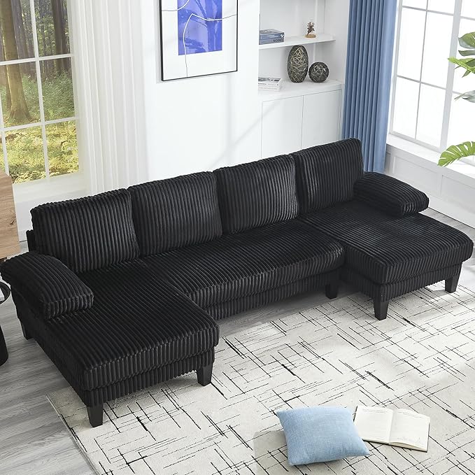 Eafurn Symmetrical U Shaped Sectional Sofa with Double Chaise Lounge,Modern Corduroy Upholstered Oversized Corner Couch, Deep Seat Comfy 4-Seater Sofa w/Pillow-top Armrest for Living Room