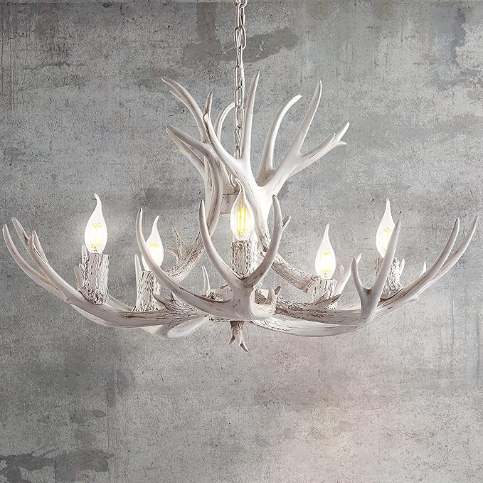 JONATHAN Y 26" White Rustic Resin Antler 4-Light LED Chandelier, Farmhouse Faux Deer Horn Hanging Ceiling Light for Dining Room, Kitchen Island, Adjustable Light Fixture (JYL6300B)