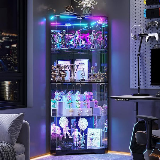 Corner Display Cabinet with Glass Doors, 64.7" Tall Curio Cabinet with RGB Lights for Collectibles, 4-Tier Showcase Display Case with Human Sensor for Toys, Books, Black