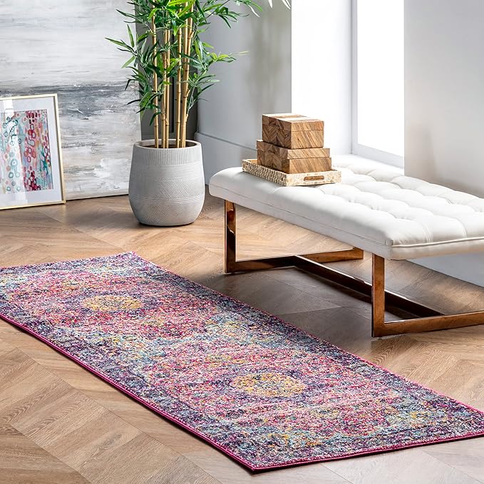 Nuloom Verona Fuchsia/Yellow, 2'8" x 8', Vintage Medallion, Soft and Cozy, High Traffic, Stain Resistant, Easy Clean, Durable Runner for Bedroom, Living Room, Dining Space, Den, Foyer, Entryway