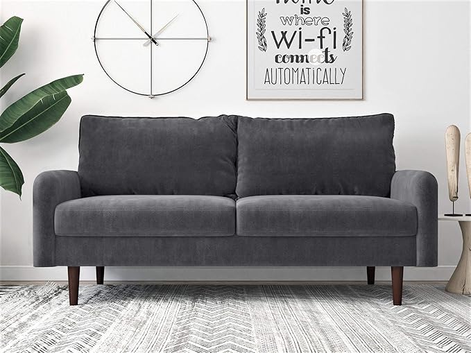 Container Furniture Direct Americus Velvet Upholstered Sofa and Loveseat Set, Couches for Living Room with Luxurious Mid Century Modern Design and Wooden Base, 2 Piece, Grey