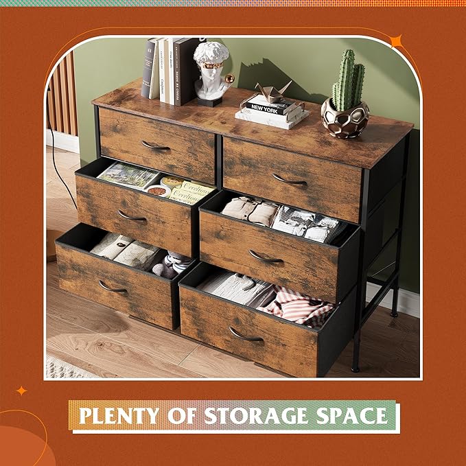 WLIVE Dresser for Bedroom with 6 Drawers, Wide Dresser TV Stand for 50 Inches TV, with Fabric Drawers, Metal Frame, Wooden Top, Storage Dressers for Bedroom, Hallway, Entryway, Rustic Brown
