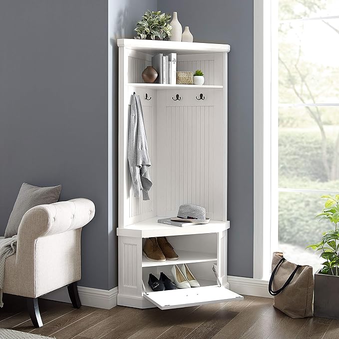 Crosley Furniture Seaside Corner Hall Tree with Shoe Rack Bench and Coat Hooks for Hanging Storage, Distressed White
