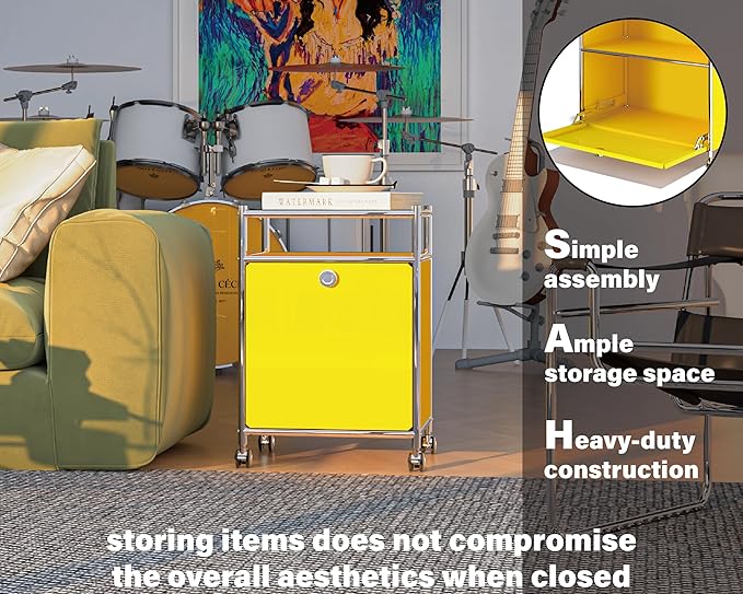 Matte Storage Cart with Flap Door, Large Capacity Storage Cart with Detachable Wheels, DIY Modern Home Furnishing, Great for Home, Office, Bedroom, Kitchen (Matt Yellow)