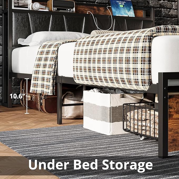 LIKIMIO Full Size Bed Frame, Storage Headboard with Charging Station, Platform Bed with Drawers, No Box Spring Needed, Easy Assembly, Vintage Brown and Black