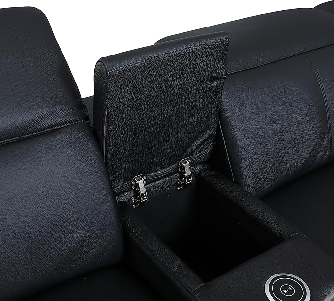 Blackjack Furniture Venice Top Grain Italian Leather Recliner 7 Seater 5 Power Reclining 3 Piece Sofa Set with Adjustable Headrests Modern Seating Sofa, Loveseat and Chair for Living Room , Black
