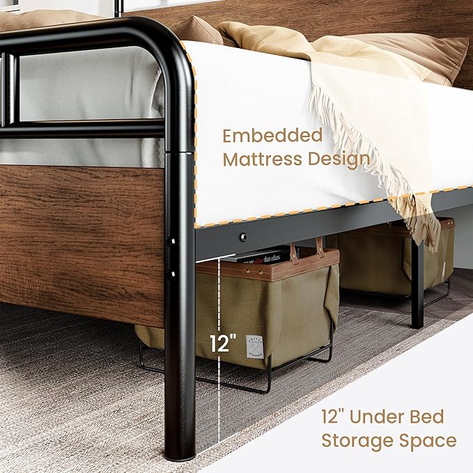 SHA CERLIN Full Size Bed Frame with Wooden Headboard and Footboard, Rounded Corner Metal Structure, Heavy Duty Slats with Under-Bed Storage, No Box Spring Needed, Walnut