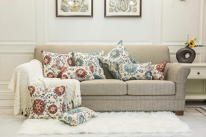 Mika Home Pack of 2 Jacquard Circle Floral Rectangle Throw Pillow Covers Oblong Pillow Cases for 12X20 Inserts Cream Red