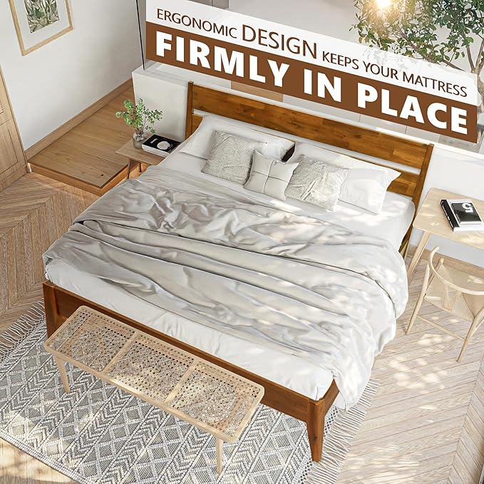 Acacia Emery Bed Frame with Headboard Solid Wood Platform Bed, King Size Bed Frame, Mid - Century Modern Wood Bed Compatible with All Mattresses, Easy Assembly, Non-Slip (Caramel, Queen)