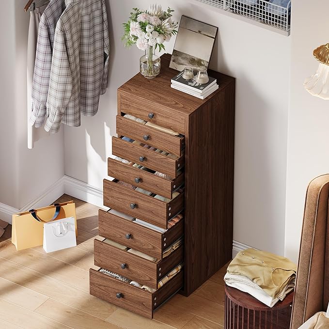 LIKIMIO Tall Dresser, Small Dressers with 8 Storage Drawers, Chest of Drawers for Organizing, Tall Narrow Dresser for Bedroom, Walnut