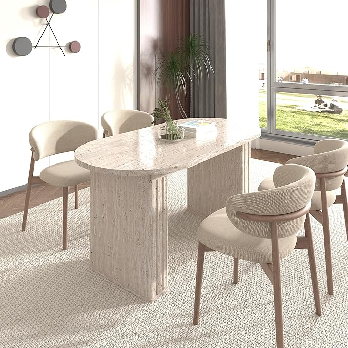 KEIKI 63"-78.7" Extendable Oval Kitchen Dining Table for 4-8 People, Modern Farmhouse Wood Strip Base with Veined Travertine Pattern, Large Dining Room Table for Living Room, Beige