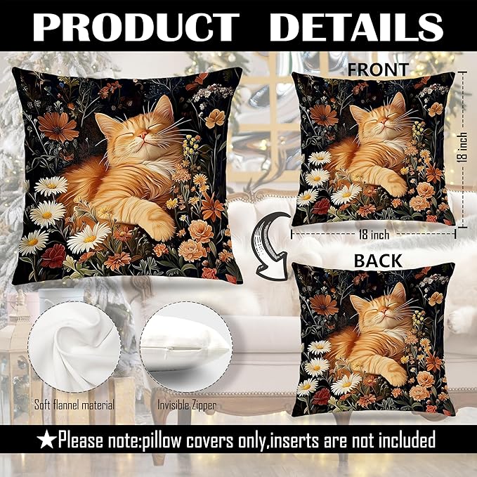 William Morris Inspired-Dark Floral Orange Tabby Cat Pillow Covers 18x18 Set of 2, Orange Cat Gifts for Women, Dark Botanical Kitty Kitten Decorative Pillow Covers for Home Living Room Bedroom