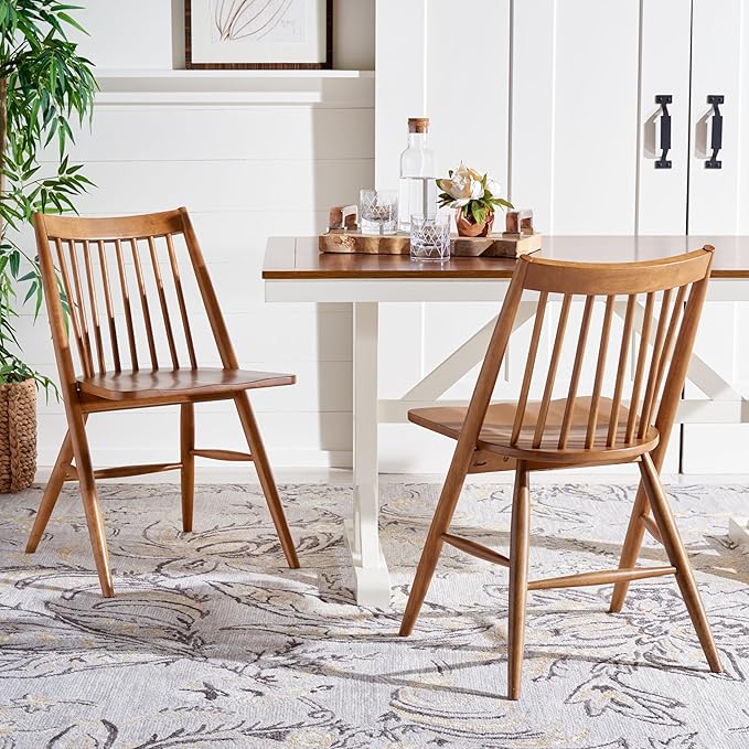SAFAVIEH Home Collection Wren Walnut Brown Windsor Spindle Solid Wood Dining Chair Set of 2 (Fully Assembled)