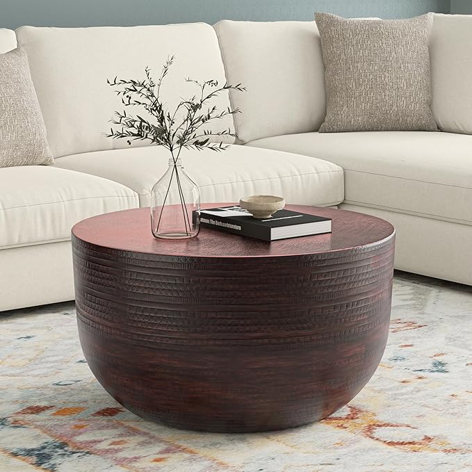 SIMPLIHOME Johnsen Metal Coffee Table - 30 inch Wide Solid Metal Round Drum Accent Table in Bronze, Boho Coffee Table for Living Room or Bedroom with Decorative Textured Design, Assembled