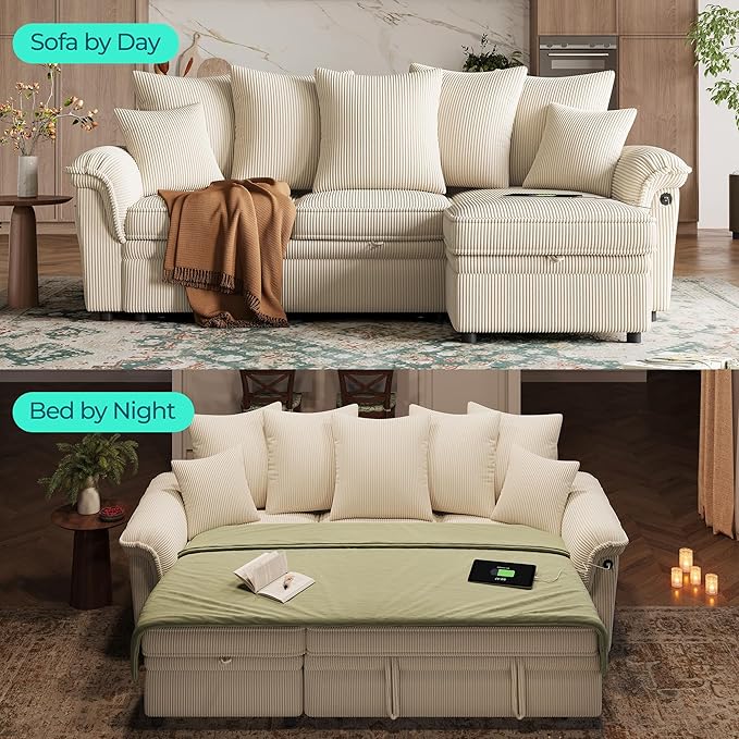 LINSY HOME 90.5'' Sectional Sleeper Sofa with Pull Out Couch Bed Modular (Beige, 90.5'') | USB Charging, Pillow-style Armrest, Multiple Cushions, Storage Chaise, Corduroy Fabric