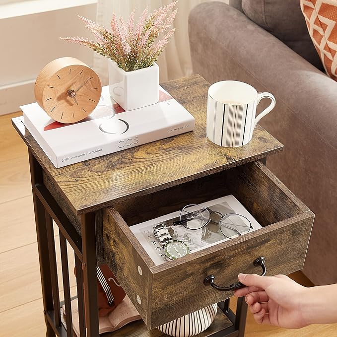 VECELO Night Stand Set 2 with Drawer and Storage Shelf,15.7x11.8x23.6 inches Bedside Table End Table,Wood Nightstands for Bedroom, Living Room,Sofa,Antique Brown,2 Sets