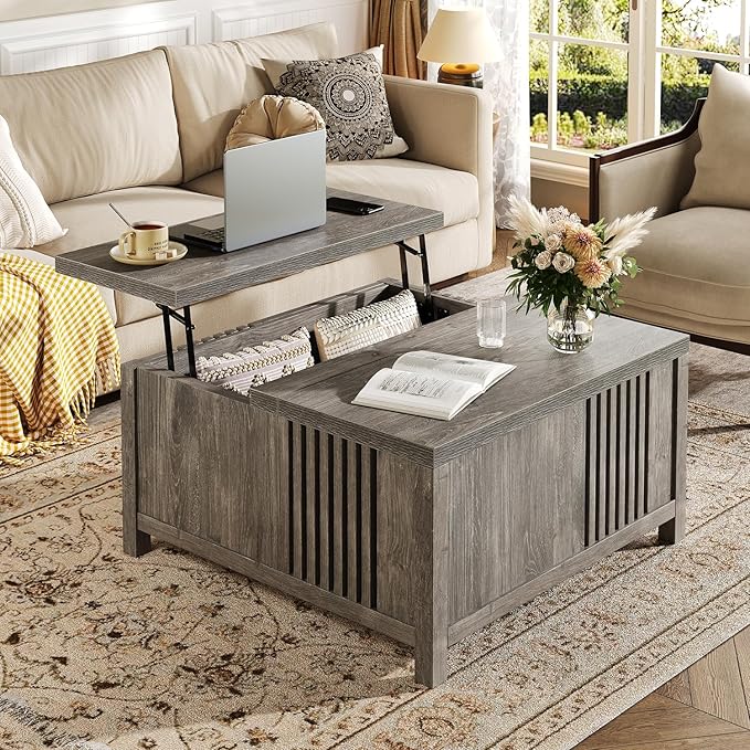 Farmhouse Lift Top Coffee Table with Storage, 35" Square Large Coffee Table with Hidden Compartment, Rustic Wood Center Table for Living Room, Grey Oak