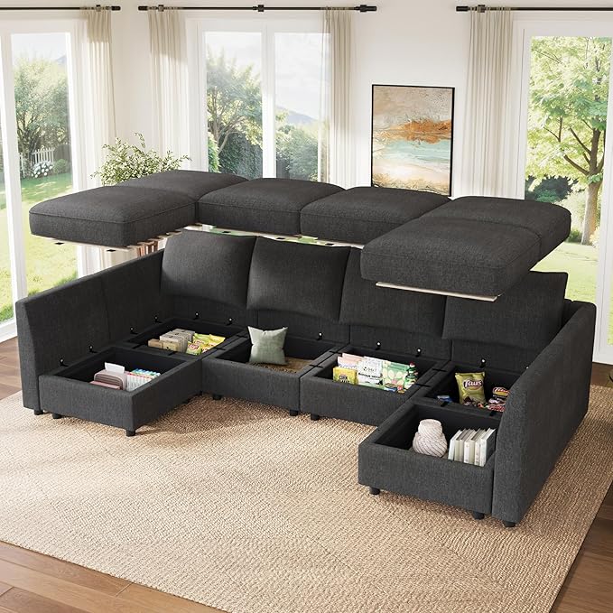 HONBAY Modular Sectional Sofa Couch with Storage, Modern U Shaped Sectional Sofa, Convertible Sectional Couch for Living Room - Snowflake Velvet Grey
