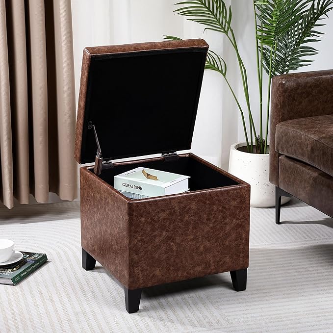 Adeco 18" Faux Leather Storage Ottoman with Hinged Lid, Mid-Century Modern Foot Rest Stool with Solid Wood Legs, Small Coffee Table & Shoe Bench for Living Room, Bedroom, Brown