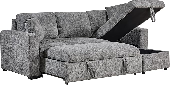 ERYE 96-Inch Oversized Reversible Corner Sleeper Sectional Sofa Bed for Living Room Office,L-Shaped Boucle Upholstered Convertible Pull Out Sleeper Couch Bed W/Storage Chaise | Cupholders, USB-C Ports, Channel Tufted