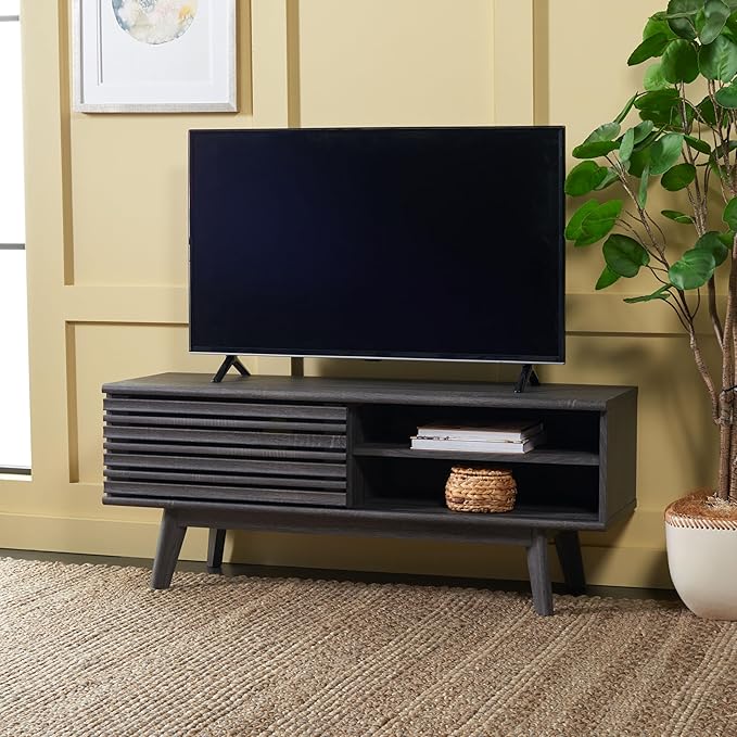 SAFAVIEH Aurelio TV Stand for up to 55" Flatscreen – Distressed Black, 1 Sliding Door with Interior Storage and Open Shelves, Entertainment Media Console (MED9600E)