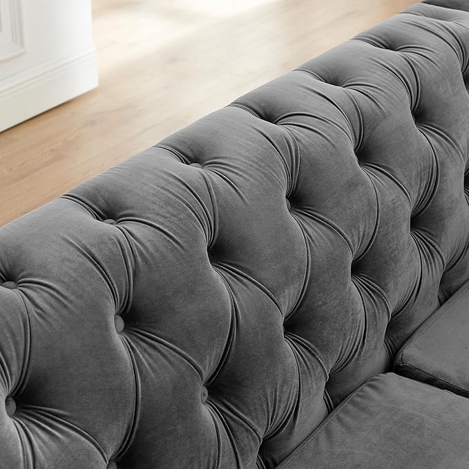 KEIKI 111" L-Shaped Luxury Velvet Chesterfield Sectional Sofa with Gold Stainless Steel Accents and 7 Pillows, Mid-Century Oversized 5-Seater Button Tufted Couch, Easy Assembly, for Living Room, Grey