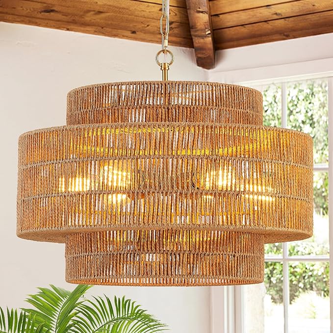 23.6" Rattan Chandelier Light Fixture 6-Light Vintage Farmhouse Hand-Woven Boho Bamboo Rattan Chandelier 3-Tier Drum Wicker Gold Chandeliers for Dining Room, Kitchen, Living Room