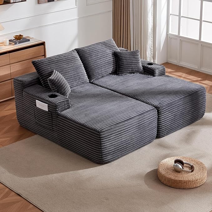 69-Inch Fluffy Corduroy Boneless Sleeper Daybed Loveseat Double Recliner Chaise Lounge Sofa Couches, Floor Cloud Sofa Chaise W/4 Pillows for Home Apartment Living Room