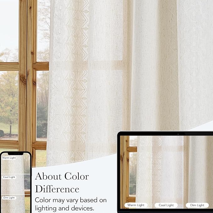 NICETOWN Ivory White Embroidered Trim Cream Linen Curtains 90 inch Long, Farmhouse Drapes for Dining Room, Light Filtering Bronze Grommet Top Vintage Botanical Patterned Panels, W52 x L90, 1 Pair