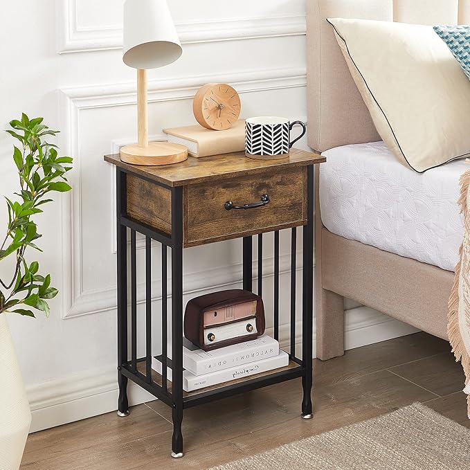 VECELO Nightstands, Industrial Side Table/End Tables with Drawer and Storage Shelf, Night Stands for Bedroom, Living Room, Wood Metal Furniture, Easy Assembly,Antique Brown,1 Set