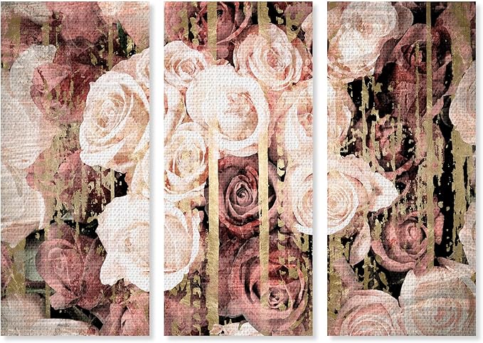 The Oliver Gal Artist Co. and Botanical 'Pink Rose Bouquet Three Piece' Florals by Oliver Gal Pink, Gold 3 Panel Wall Art Canvas Wall Art Ready to Hang Home Decor 40083 CANV XHD 3- piece 16x36, 3pc set
