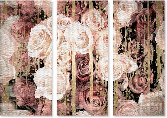 The Oliver Gal Artist Co. and Botanical 'Pink Rose Bouquet Three Piece' Florals by Oliver Gal Pink, Gold 3 Panel Wall Art Canvas Wall Art Ready to Hang Home Decor 40083 CANV XHD 3- piece 16x36, 3pc set