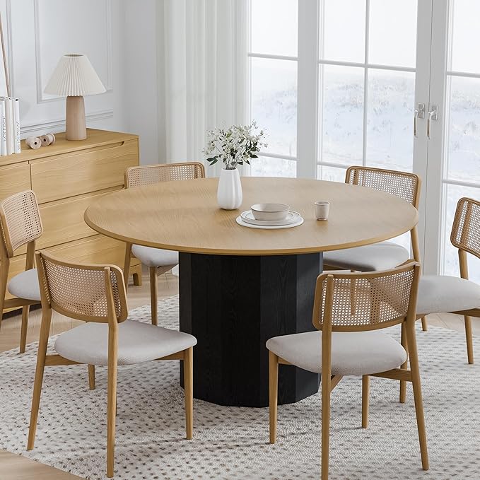 Casaphoria 52" Round Dining Table for 6, Two-Tone Natural Wood Top and Black Pedestal Base, Modern Farmhouse Style, Dining Table Only