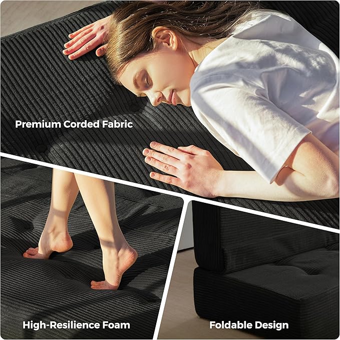 MAXYOYO 8" Foldable Floor Sofa Bed, Tufted Foldable Couch Bed Thick Folding Mattress with Handles, Versatile Folding Sofa Couch for Floor Sleeping, Living Room & Guest Room, Black