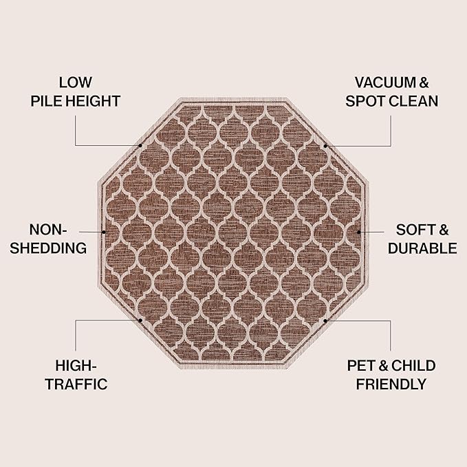 JONATHAN Y Moroccan Trellis Indoor Outdoor Octagon Area Rug 8 Ft Espresso/Taupe, Trebol Textured Weave for Backyard, Patio, Porch, Easy-Cleaning, Pet-Friendly, Non-Shedding (SMB109B-8TGN)