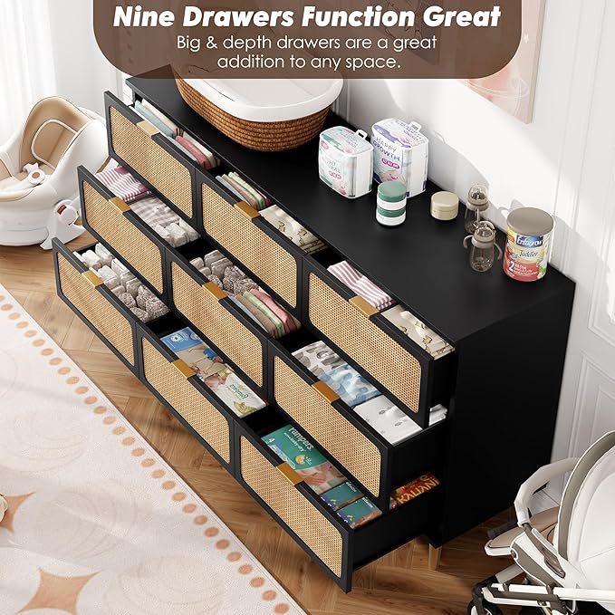 GarveeHome Rattan 9 Drawer Dressers for Bedroom, Tall Dresser with Deep Drawers, Large Chest of Drawers for Closet with Wide Top, Long Wooden Dresser for Living Room, Hallway, Kids Room, Black