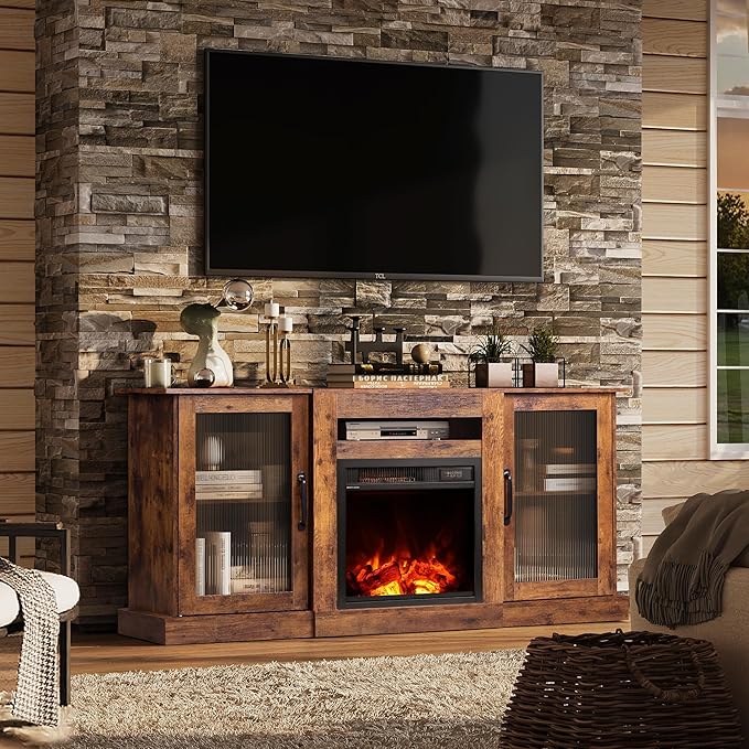 WLIVE Fireplace TV Stand for 65" TV, Entertainment Center with 3D Realistic Flame Electric Fireplace, TV Console with Open Shelves for Living Room, Rustic Brown
