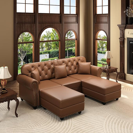 KEIKI 83" Faux Leather Chesterfield Sofa with Rolled Arms & Nailhead Trim & 2 Ottoman, 3-Seater Button Tufted Couch with High Resilience Cushion & 3 Pillow, Easy Assembly, for Living Room, Brown