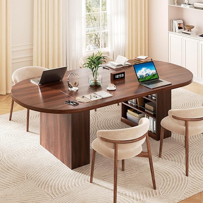 70.8" Oval Dining Table for 6 8, Modern Dining Room Table with Storage, Wood Kitchen Table with Heavy Duty Legs, Dinner Tables for Kitchen Dining Room (Walnut)