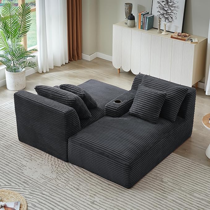 Eafurn Oversized Double Chaise Lounge Indoor with Cup Holders & Side Pocket, 71" Plush Corduroy Boneless Chaise Lounge Sofa with High Density Sponge & Deep High Seat Comfy Sleeper Couch Bed | Breathable material, No Assembly, 52" Deep Seat, 19.7" High ...
