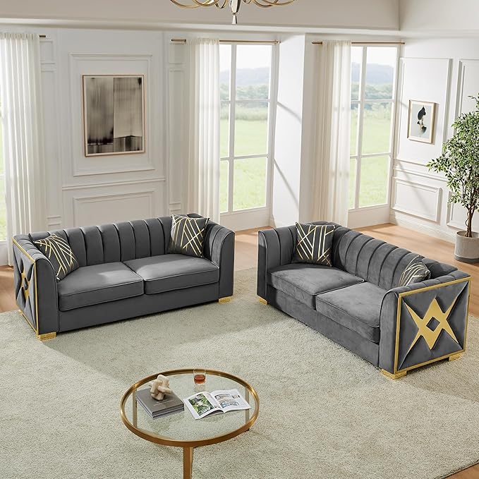 KEIKI 2-Piece Luxury Chesterfield Sofa Set with 2 Oversized Velvet 3-Seater Sofa, Upholstered Modern 6-Seater Button Tufted Couch Set with 4 Pillow, Gold Stainless Decoration, for Living Room, Gray