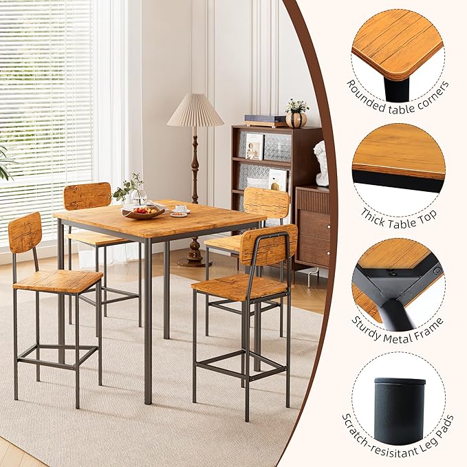 Kitchen Table and Chairs of 4, 5 Piece Dining Table Set, Sturdy Industrial Space Saving Dinette Set for Pub, Family Dinners, Apartment, Teak