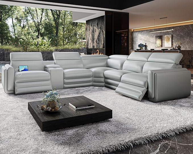 Jocisland Dual Power Recliner, Oversized 5-Seater Sofa with Console, 3 Bluetooth Speakers & Hidden Storage, Modern L Shaped Reclining Couch with 6 Charging Ports - Light Gray Leathaire