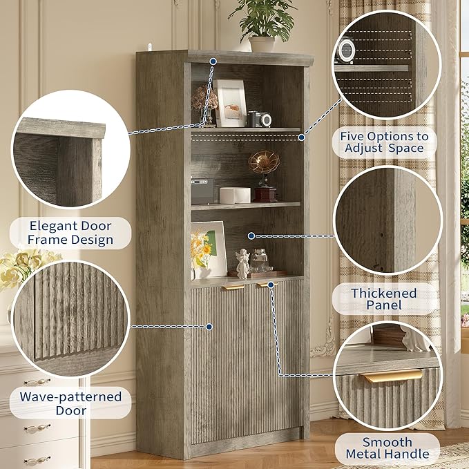 Garvee Tall Book Shelf and Bookcase, Wooden Bookcase with Doors, Modern Book Case with Large Storage Cabinet, 5-Shelf Bookcases with Adjustable top Shelve for Home Office, Living Room, 2 Set Grey