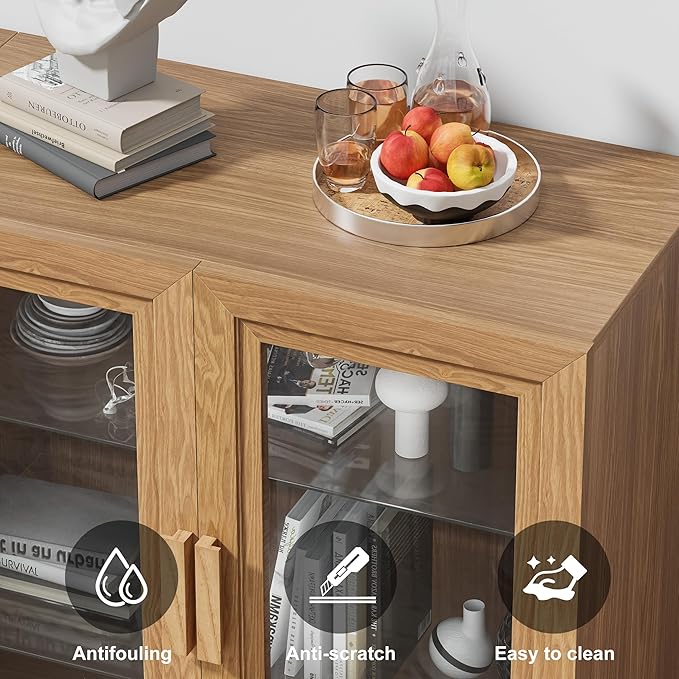 Casaphoria Adam Sideboard Buffet Cabinet with Storage, Display Cabinet with Glass Doors & Adjustable Shelves, 62" W x 31" H Buffet Cabinet for Entryway Kitchen Living Room, Oak