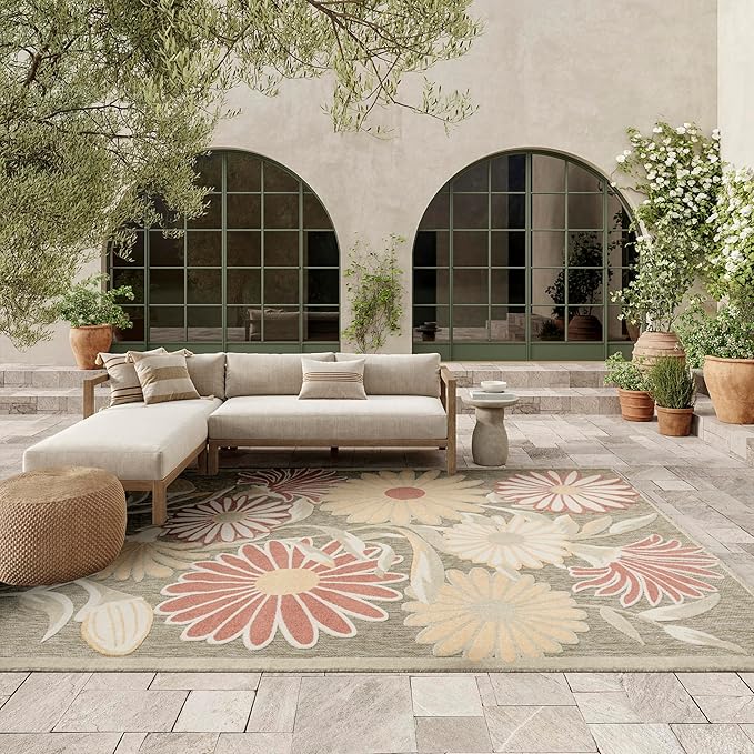 Nourison Home Aloha Sage Rose 9' x 12' Area Rug - Easy Clean, Non Shedding, Bed Room, Living Room, Dining Room, Kitchen (9' x 12')