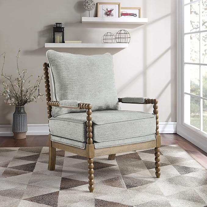 OSP Home Furnishings Fletcher Spindle Accent Chair with Rustic Brown Finish, Smoke Grey Upholstery