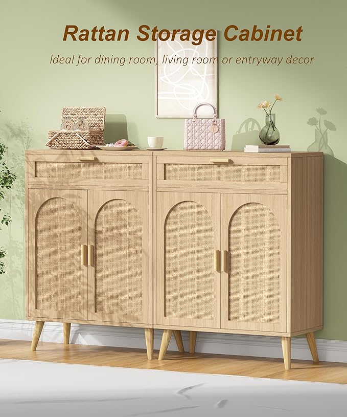 Rattan Buffet Sideboard Set of 2, Boho Buffet Cabinet with Adjustable Shelf & Doors, Kitchen Floor Storage Cabinet with Drawer, Coffee Buffet Cabinet for Living Room, Hallway, Entryway, Natural Oak